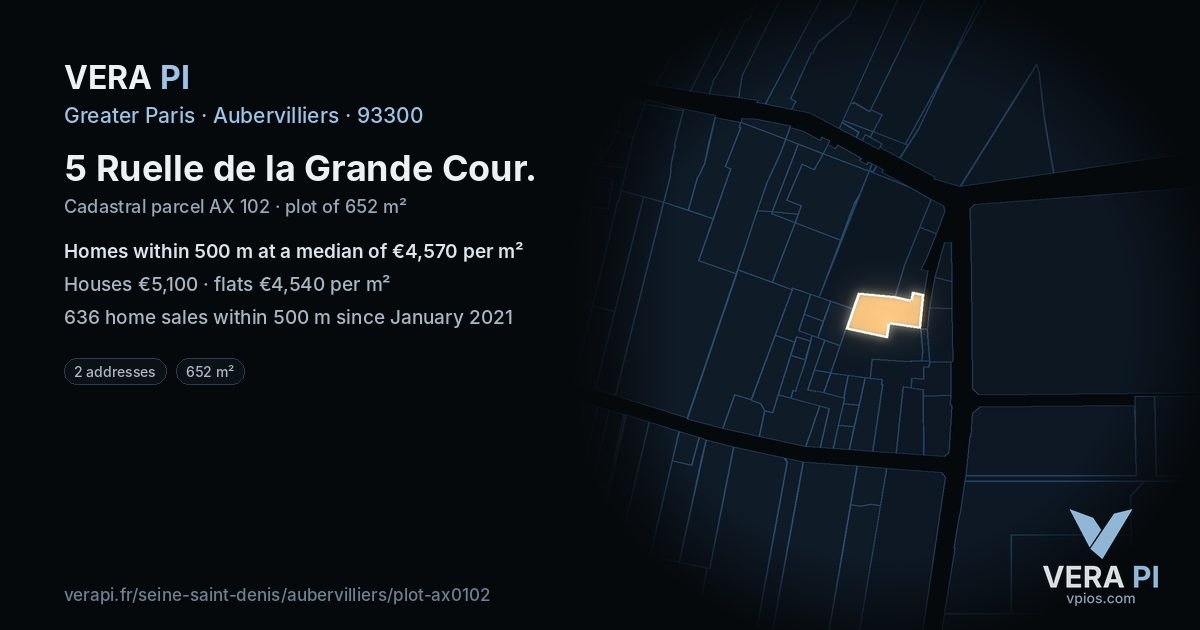 5 Ruelle de la Grande Cour, Aubervilliers at night – the plot lit, the parcels around coloured by the prices near them