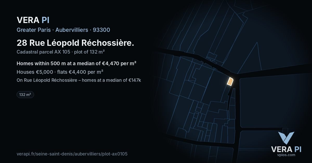 28 Rue Léopold Réchossière, Aubervilliers at night – the plot lit, the parcels around coloured by the prices near them