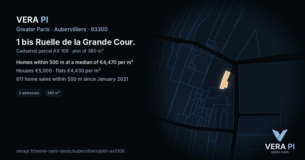 1 bis Ruelle de la Grande Cour, Aubervilliers at night – the plot lit, the parcels around coloured by the prices near them