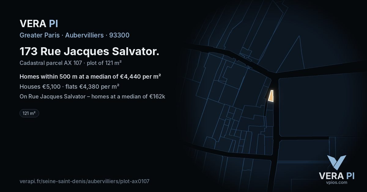 173 Rue Jacques Salvator, Aubervilliers at night – the plot lit, the parcels around coloured by the prices near them