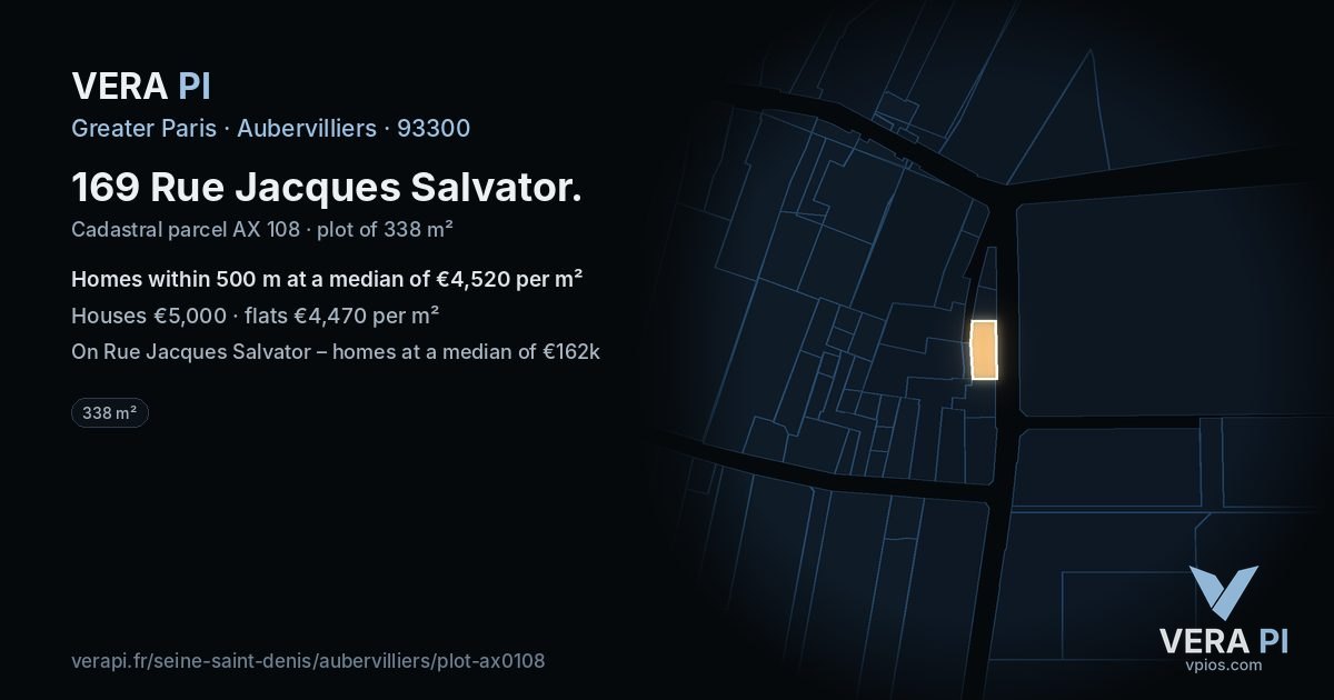 169 Rue Jacques Salvator, Aubervilliers at night – the plot lit, the parcels around coloured by the prices near them
