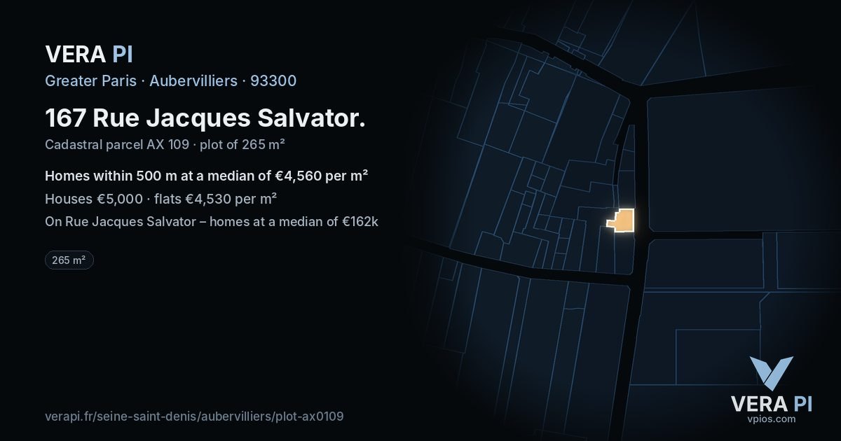 167 Rue Jacques Salvator, Aubervilliers at night – the plot lit, the parcels around coloured by the prices near them