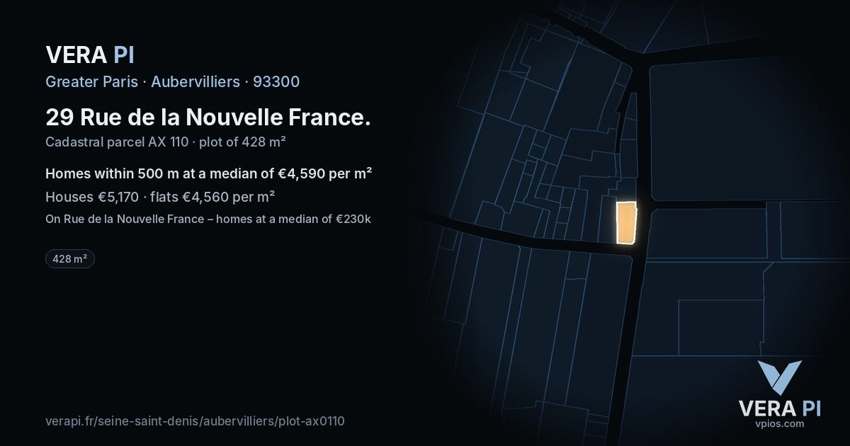 29 Rue de la Nouvelle France, Aubervilliers at night – the plot lit, the parcels around coloured by the prices near them