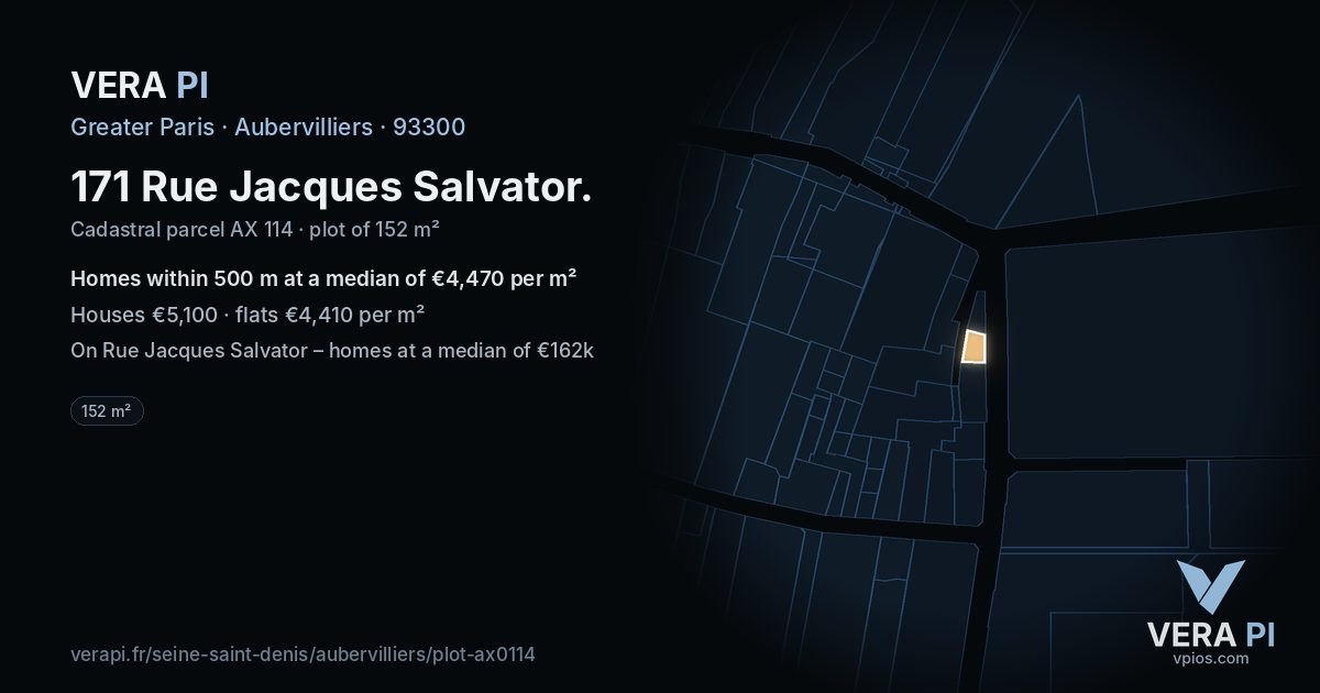 171 Rue Jacques Salvator, Aubervilliers at night – the plot lit, the parcels around coloured by the prices near them