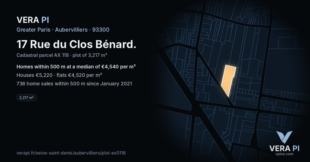17 Rue du Clos Bénard, Aubervilliers at night – the plot lit, the parcels around coloured by the prices near them