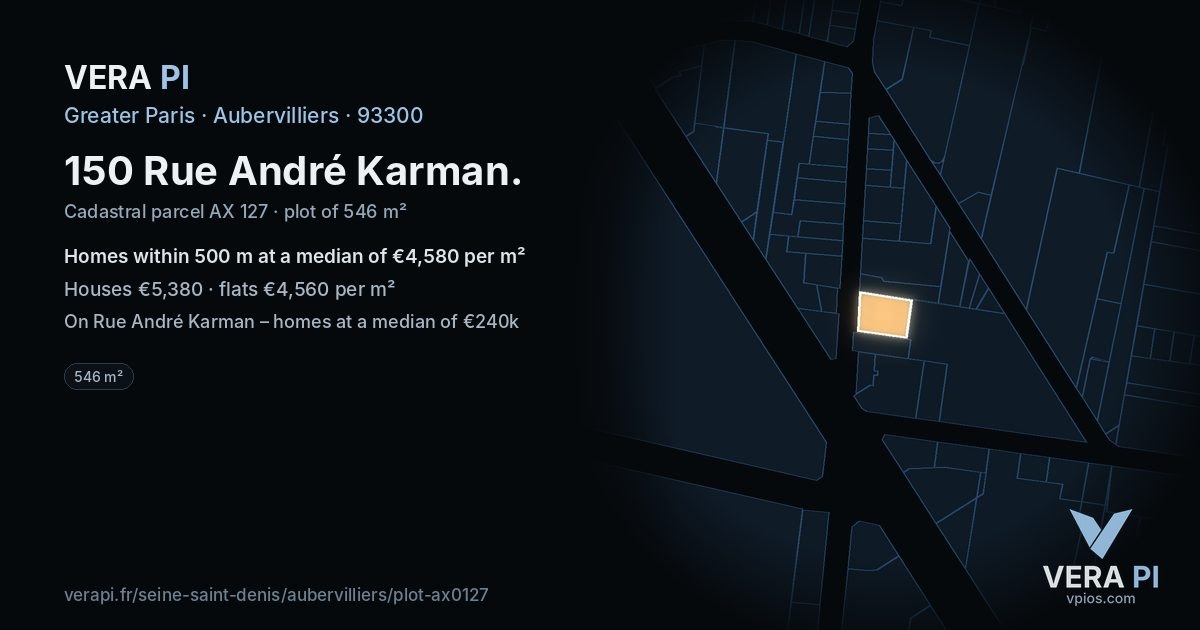 150 Rue André Karman, Aubervilliers at night – the plot lit, the parcels around coloured by the prices near them