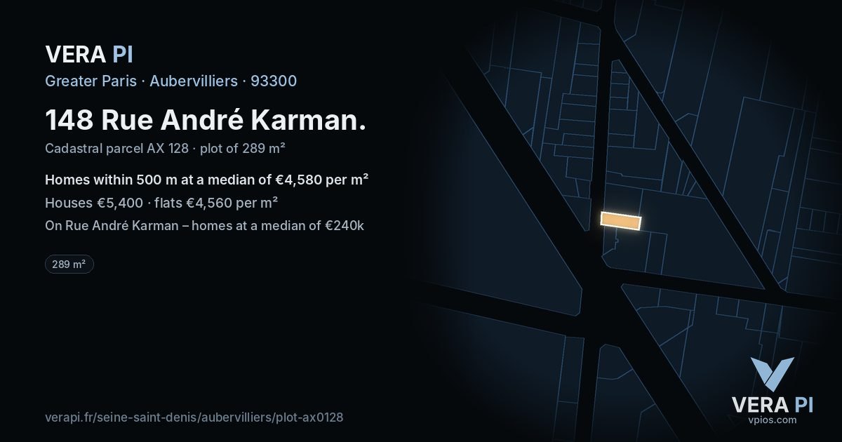 148 Rue André Karman, Aubervilliers at night – the plot lit, the parcels around coloured by the prices near them