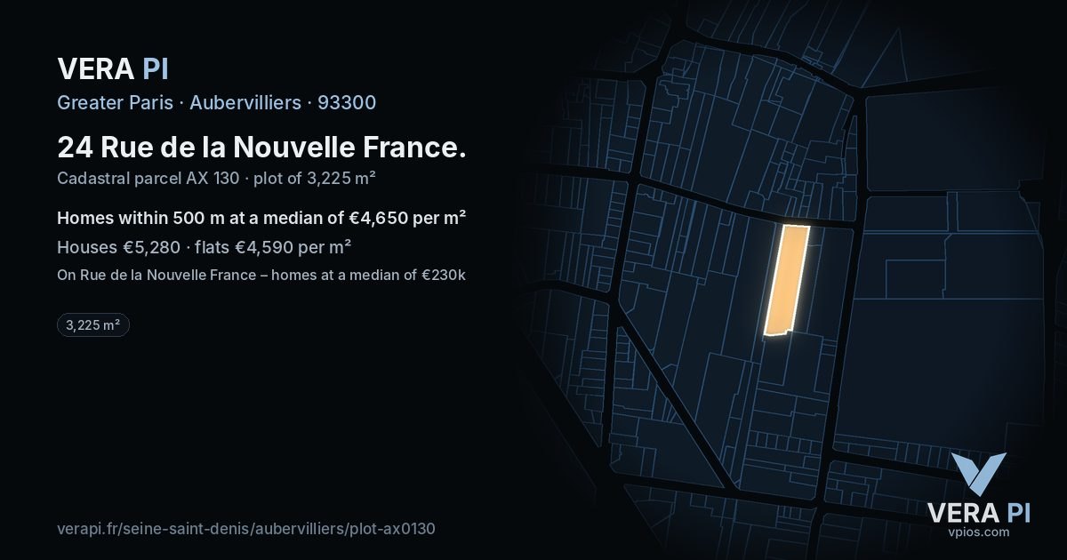 24 Rue de la Nouvelle France, Aubervilliers at night – the plot lit, the parcels around coloured by the prices near them