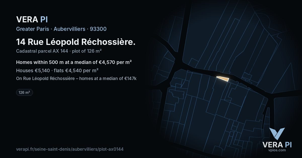 14 Rue Léopold Réchossière, Aubervilliers at night – the plot lit, the parcels around coloured by the prices near them