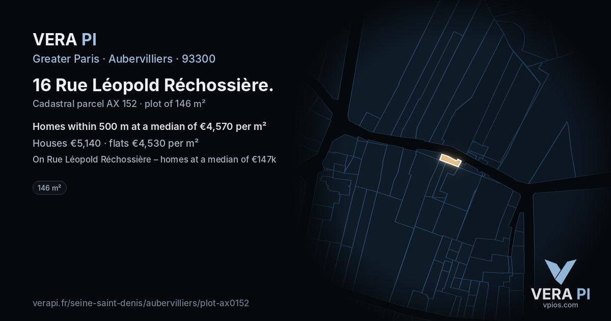 16 Rue Léopold Réchossière, Aubervilliers at night – the plot lit, the parcels around coloured by the prices near them