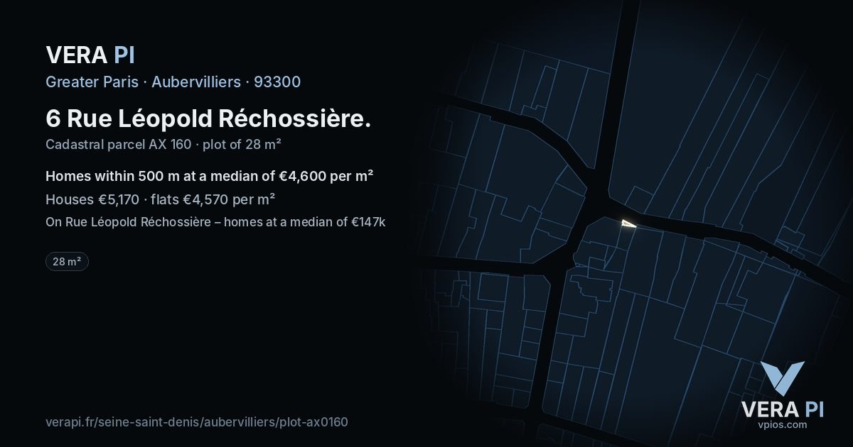 6 Rue Léopold Réchossière, Aubervilliers at night – the plot lit, the parcels around coloured by the prices near them