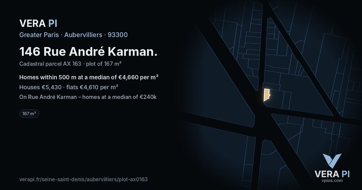146 Rue André Karman, Aubervilliers at night – the plot lit, the parcels around coloured by the prices near them