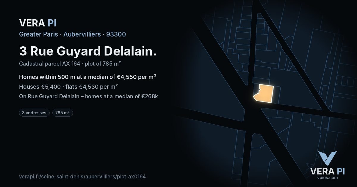 3 Rue Guyard Delalain, Aubervilliers at night – the plot lit, the parcels around coloured by the prices near them