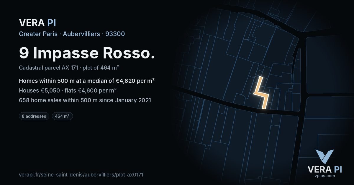 9 Impasse Rosso, Aubervilliers at night – the plot lit, the parcels around coloured by the prices near them