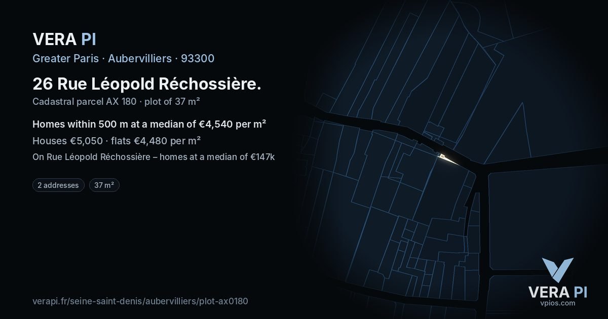 26 Rue Léopold Réchossière, Aubervilliers at night – the plot lit, the parcels around coloured by the prices near them