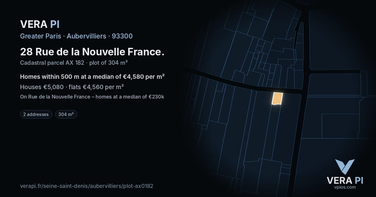 28 Rue de la Nouvelle France, Aubervilliers at night – the plot lit, the parcels around coloured by the prices near them