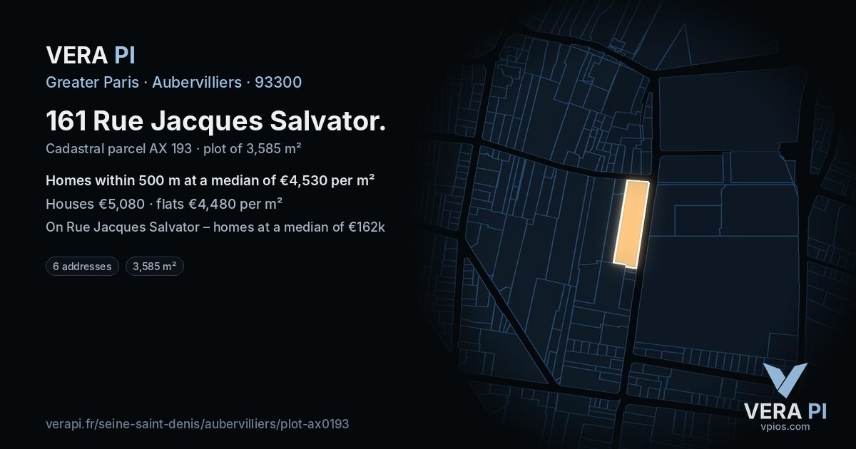 161 Rue Jacques Salvator, Aubervilliers at night – the plot lit, the parcels around coloured by the prices near them