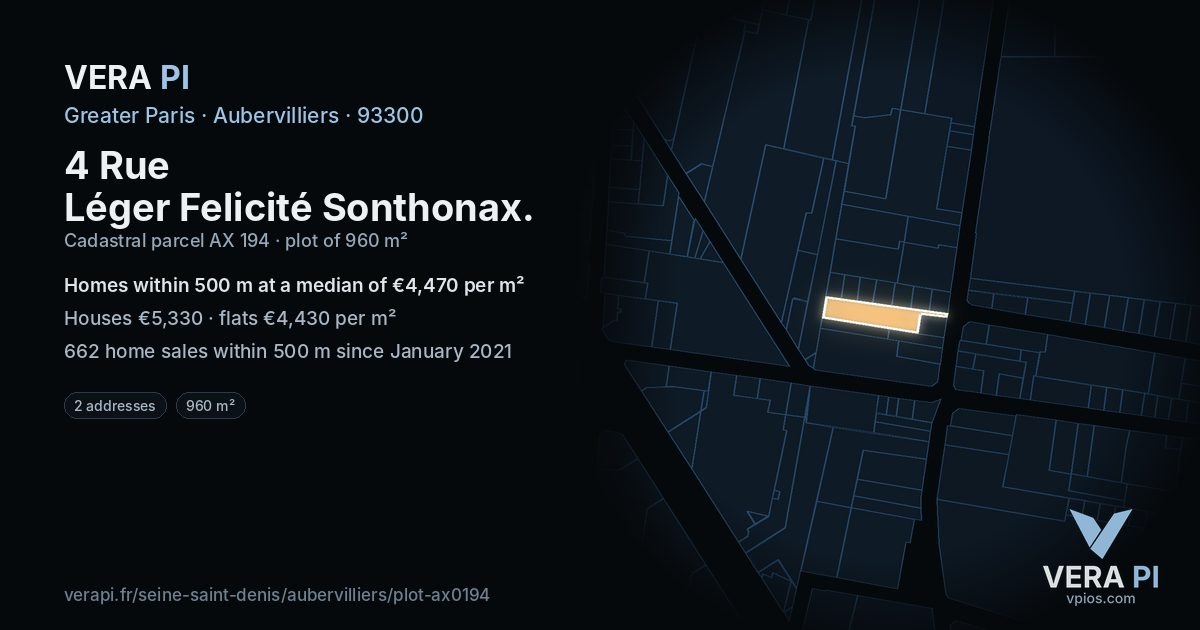 4 Rue Léger Felicité Sonthonax, Aubervilliers at night – the plot lit, the parcels around coloured by the prices near them