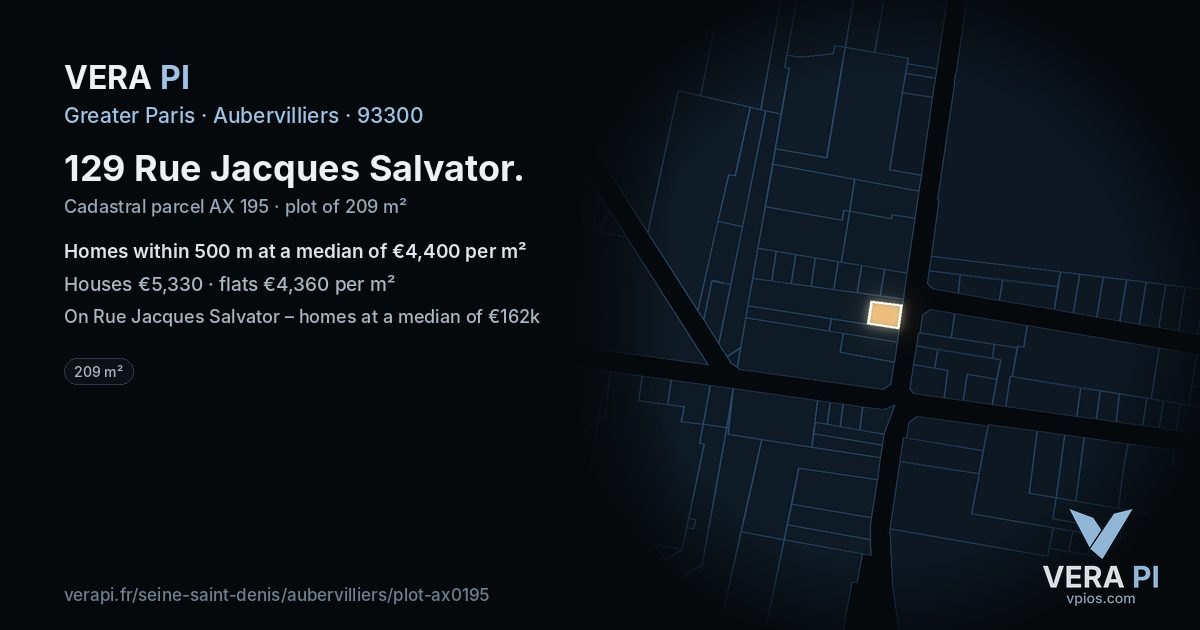 129 Rue Jacques Salvator, Aubervilliers at night – the plot lit, the parcels around coloured by the prices near them