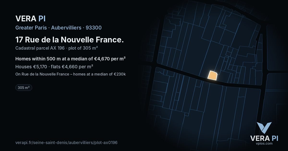 17 Rue de la Nouvelle France, Aubervilliers at night – the plot lit, the parcels around coloured by the prices near them