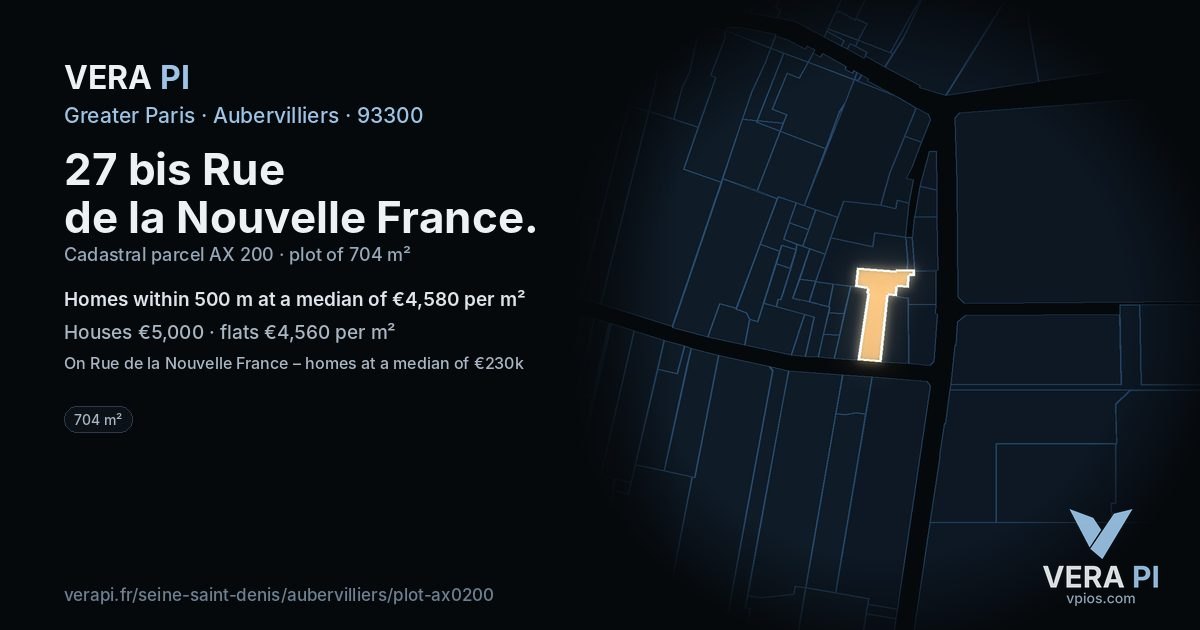 27 bis Rue de la Nouvelle France, Aubervilliers at night – the plot lit, the parcels around coloured by the prices near them