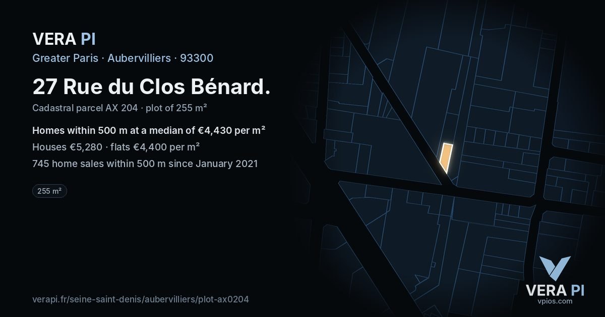 27 Rue du Clos Bénard, Aubervilliers at night – the plot lit, the parcels around coloured by the prices near them