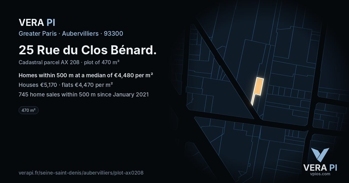 25 Rue du Clos Bénard, Aubervilliers at night – the plot lit, the parcels around coloured by the prices near them