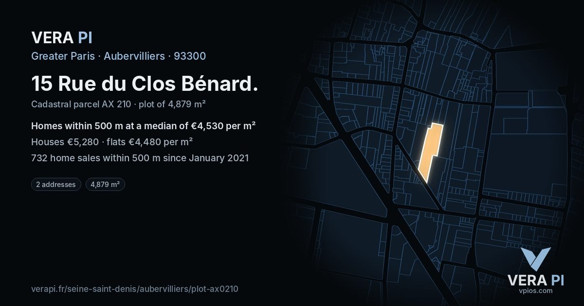15 Rue du Clos Bénard, Aubervilliers at night – the plot lit, the parcels around coloured by the prices near them