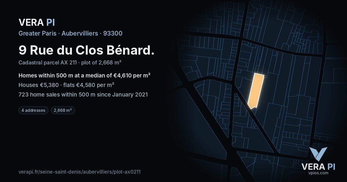 9 Rue du Clos Bénard, Aubervilliers at night – the plot lit, the parcels around coloured by the prices near them