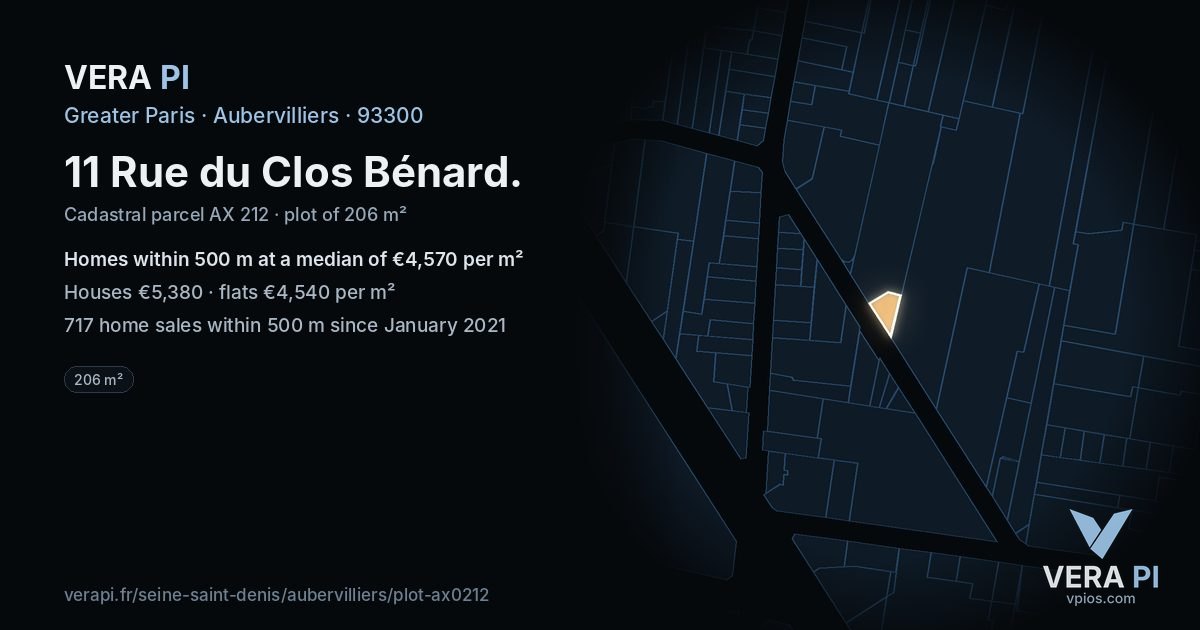 11 Rue du Clos Bénard, Aubervilliers at night – the plot lit, the parcels around coloured by the prices near them