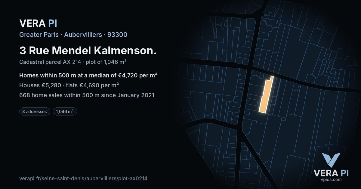 3 Rue Mendel Kalmenson, Aubervilliers at night – the plot lit, the parcels around coloured by the prices near them