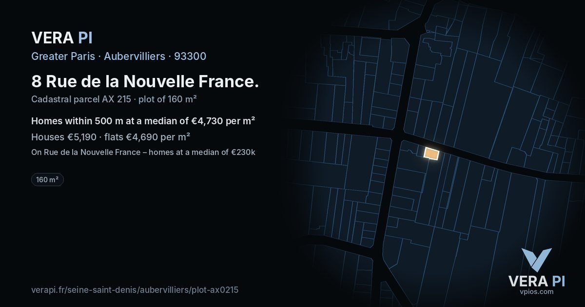 8 Rue de la Nouvelle France, Aubervilliers at night – the plot lit, the parcels around coloured by the prices near them