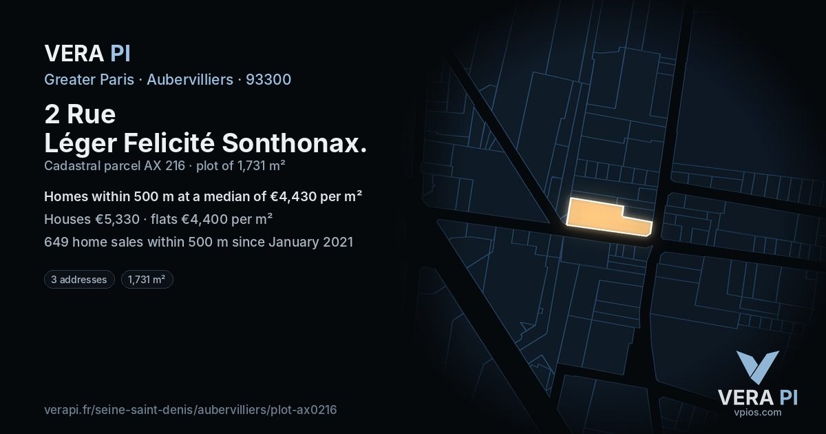 2 Rue Léger Felicité Sonthonax, Aubervilliers at night – the plot lit, the parcels around coloured by the prices near them