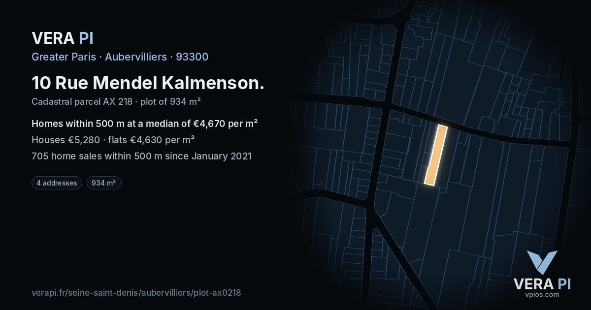 10 Rue Mendel Kalmenson, Aubervilliers at night – the plot lit, the parcels around coloured by the prices near them