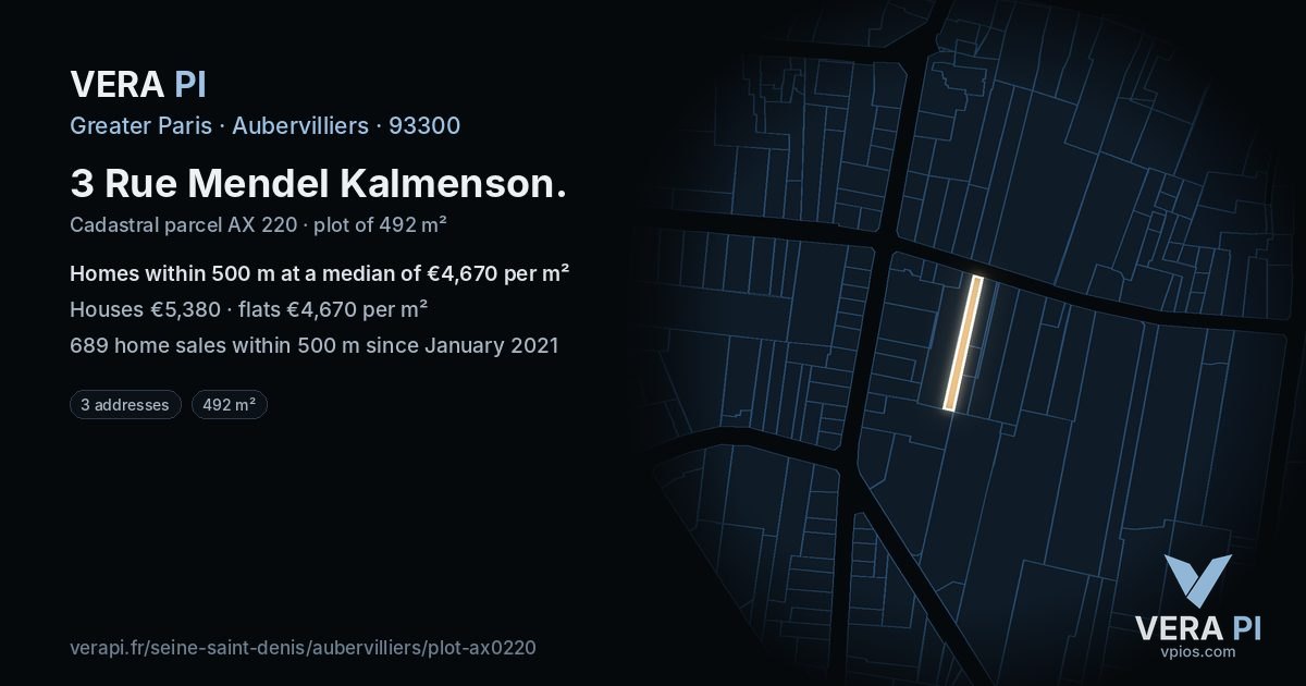 3 Rue Mendel Kalmenson, Aubervilliers at night – the plot lit, the parcels around coloured by the prices near them