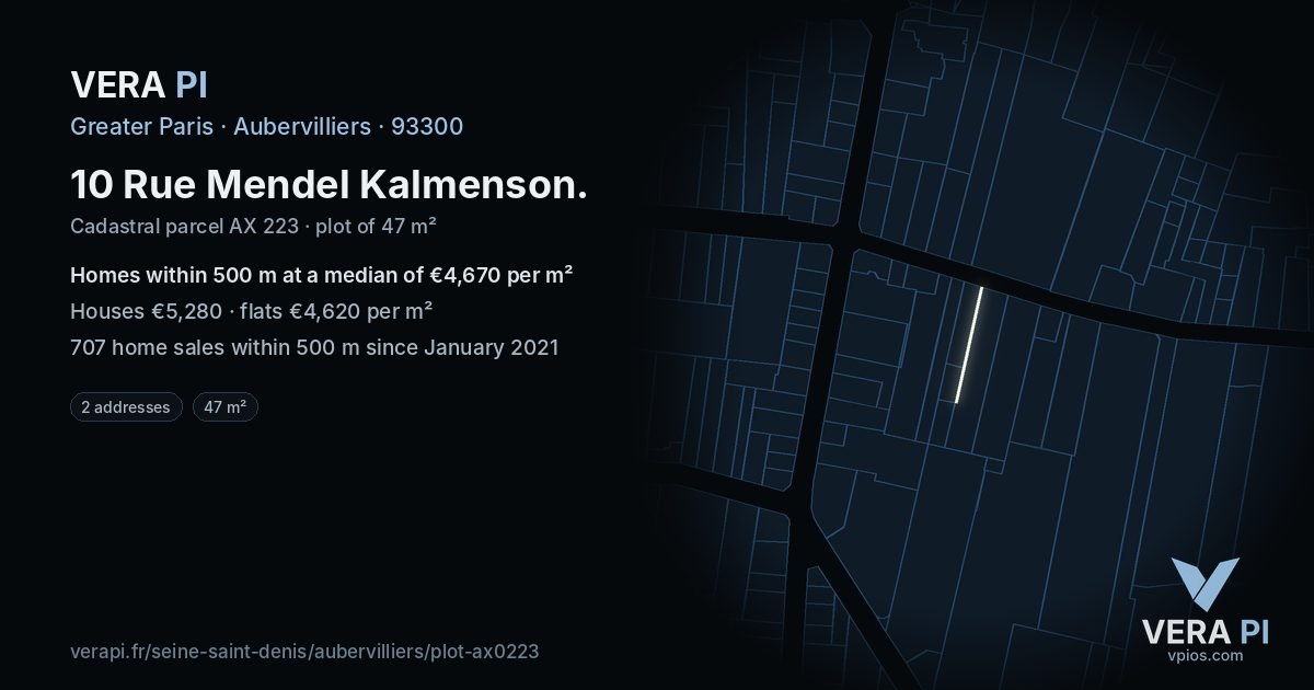 10 Rue Mendel Kalmenson, Aubervilliers at night – the plot lit, the parcels around coloured by the prices near them