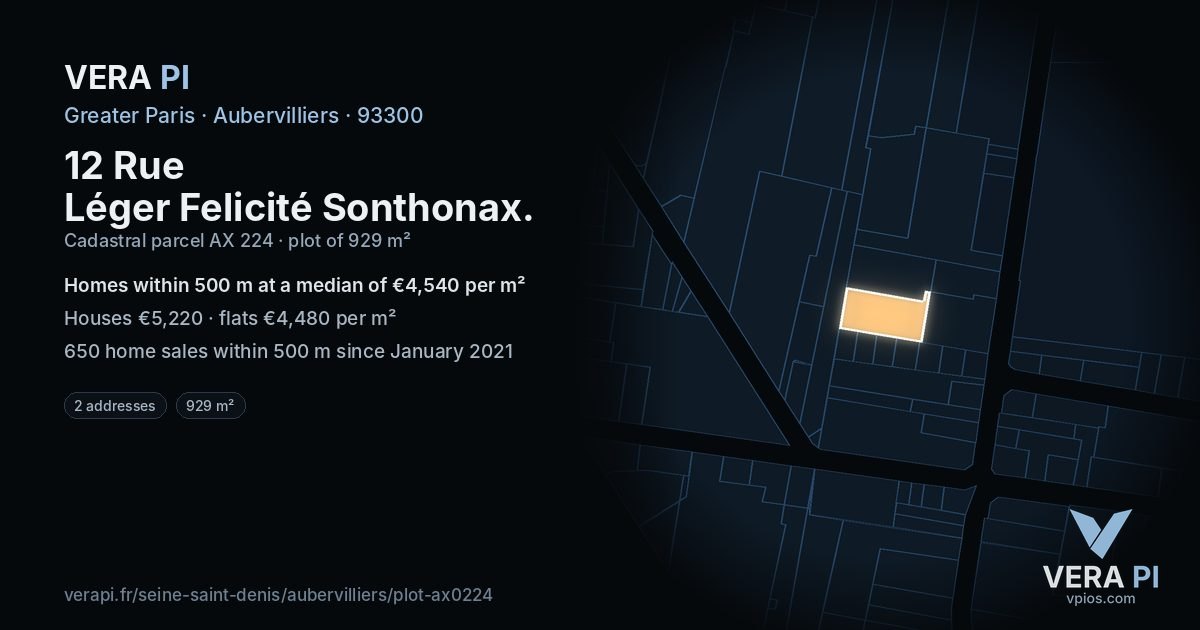 12 Rue Léger Felicité Sonthonax, Aubervilliers at night – the plot lit, the parcels around coloured by the prices near them
