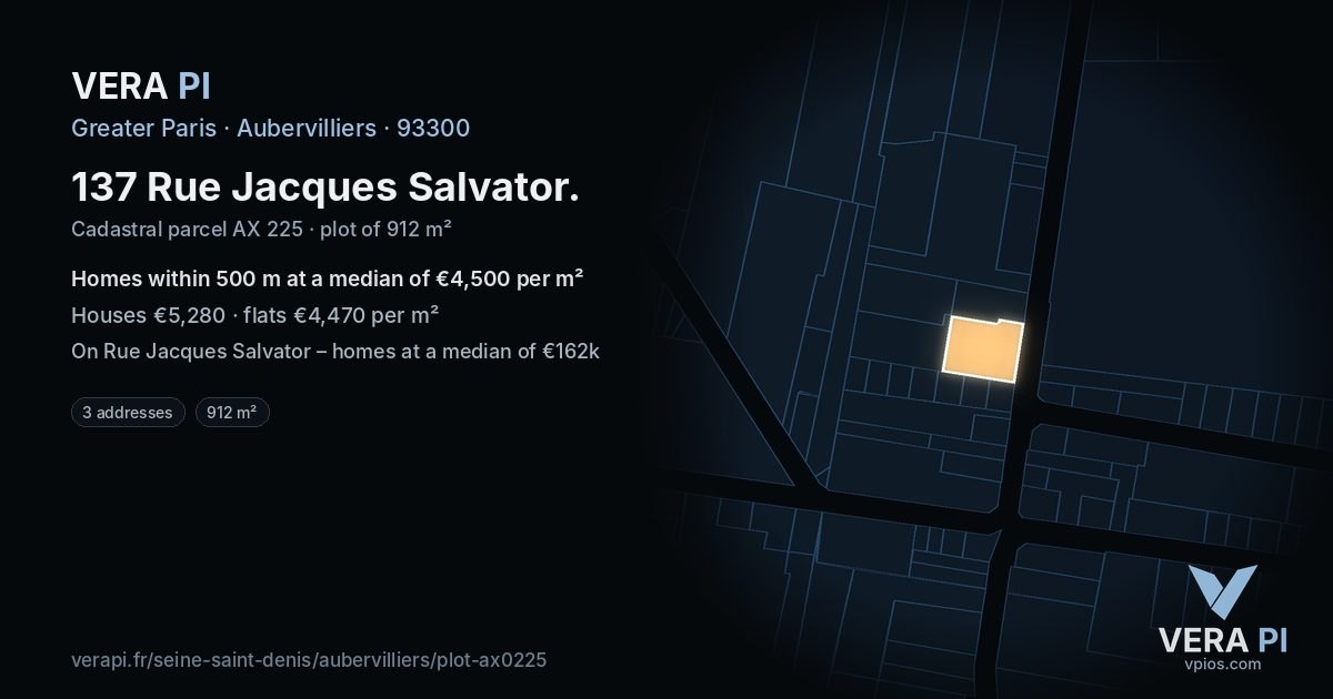 137 Rue Jacques Salvator, Aubervilliers at night – the plot lit, the parcels around coloured by the prices near them