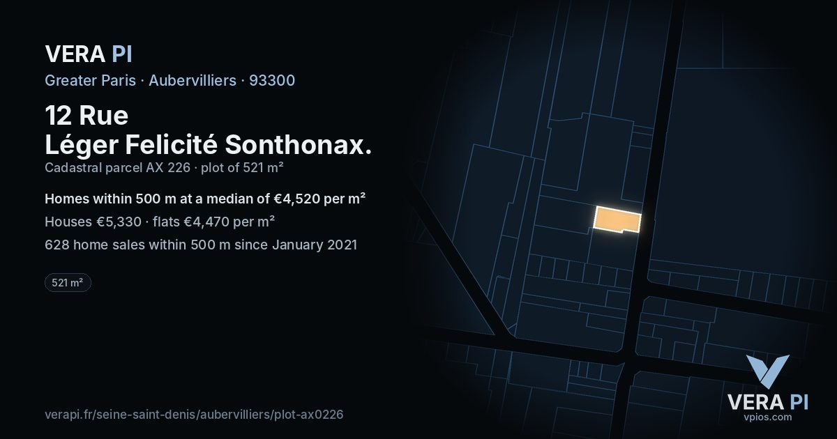 12 Rue Léger Felicité Sonthonax, Aubervilliers at night – the plot lit, the parcels around coloured by the prices near them