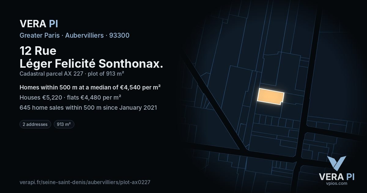 12 Rue Léger Felicité Sonthonax, Aubervilliers at night – the plot lit, the parcels around coloured by the prices near them