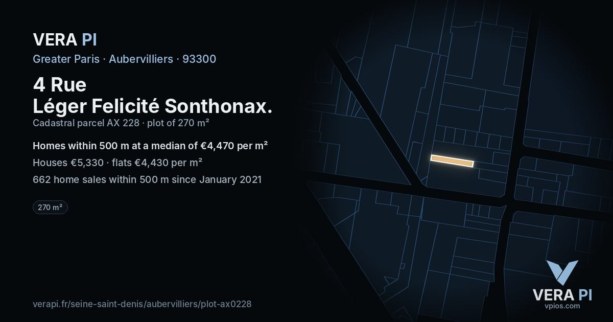 4 Rue Léger Felicité Sonthonax, Aubervilliers at night – the plot lit, the parcels around coloured by the prices near them