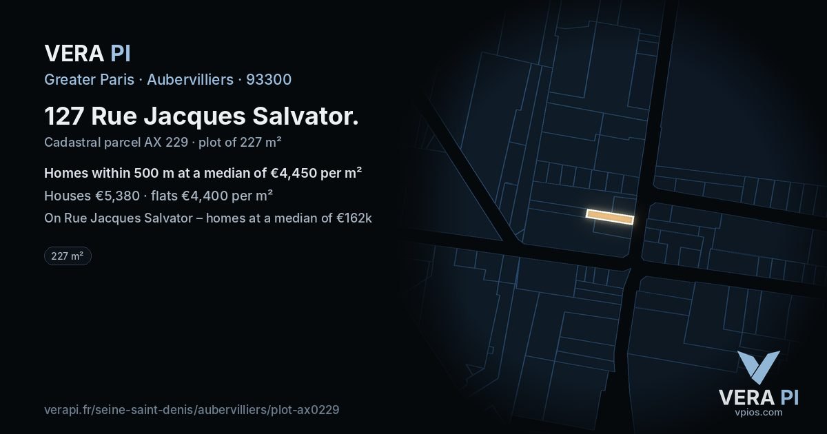 127 Rue Jacques Salvator, Aubervilliers at night – the plot lit, the parcels around coloured by the prices near them
