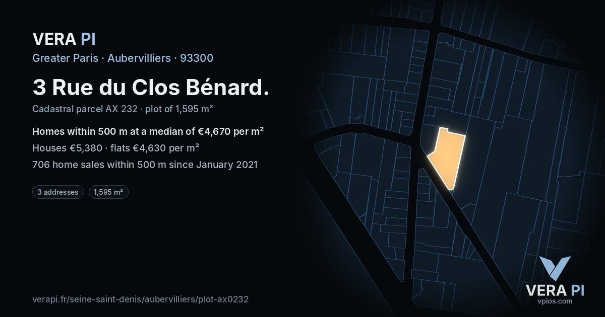 3 Rue du Clos Bénard, Aubervilliers at night – the plot lit, the parcels around coloured by the prices near them