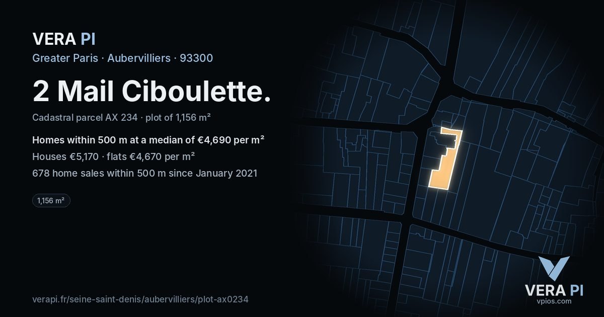 2 Mail Ciboulette, Aubervilliers at night – the plot lit, the parcels around coloured by the prices near them