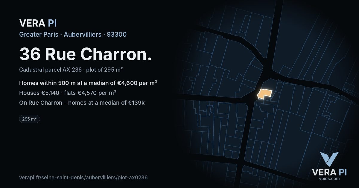 36 Rue Charron, Aubervilliers at night – the plot lit, the parcels around coloured by the prices near them