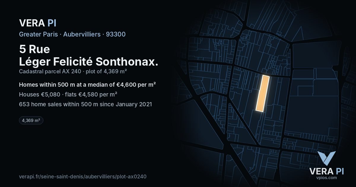 5 Rue Léger Felicité Sonthonax, Aubervilliers at night – the plot lit, the parcels around coloured by the prices near them