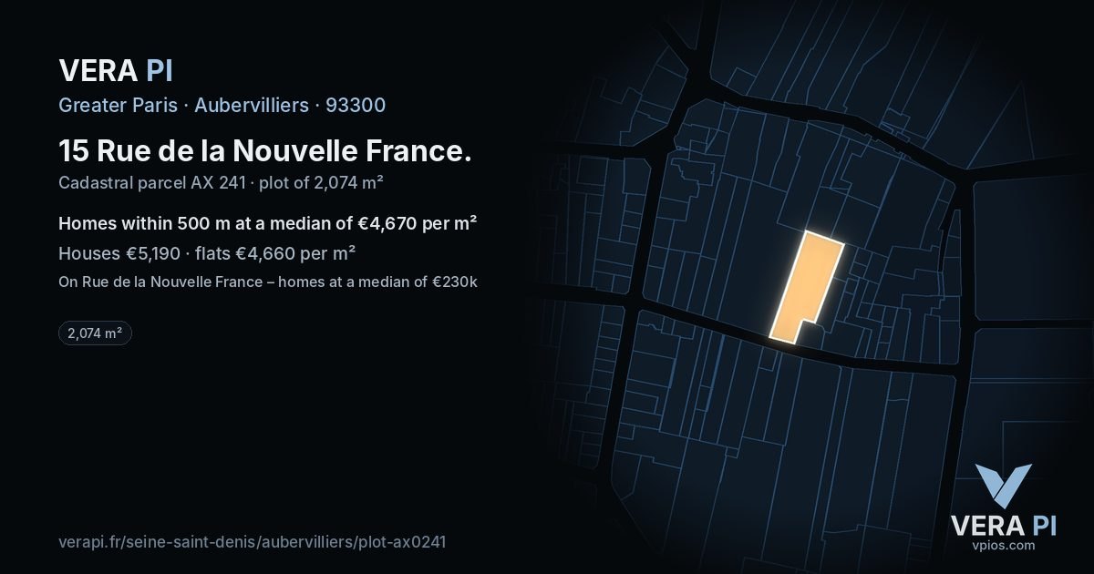 15 Rue de la Nouvelle France, Aubervilliers at night – the plot lit, the parcels around coloured by the prices near them