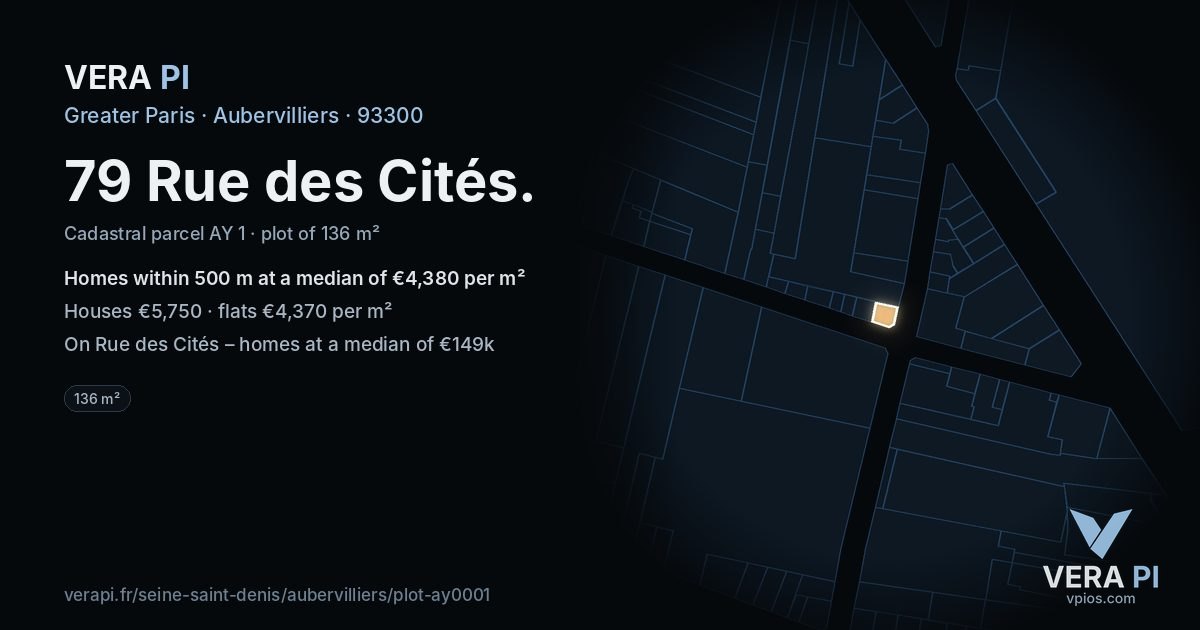 79 Rue des Cités, Aubervilliers at night – the plot lit, the parcels around coloured by the prices near them