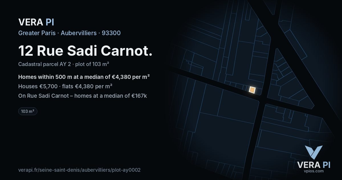 12 Rue Sadi Carnot, Aubervilliers at night – the plot lit, the parcels around coloured by the prices near them