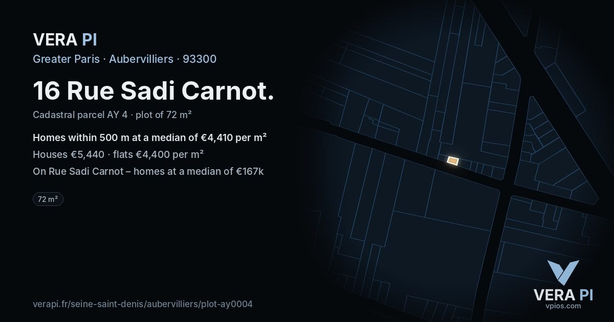 16 Rue Sadi Carnot, Aubervilliers at night – the plot lit, the parcels around coloured by the prices near them